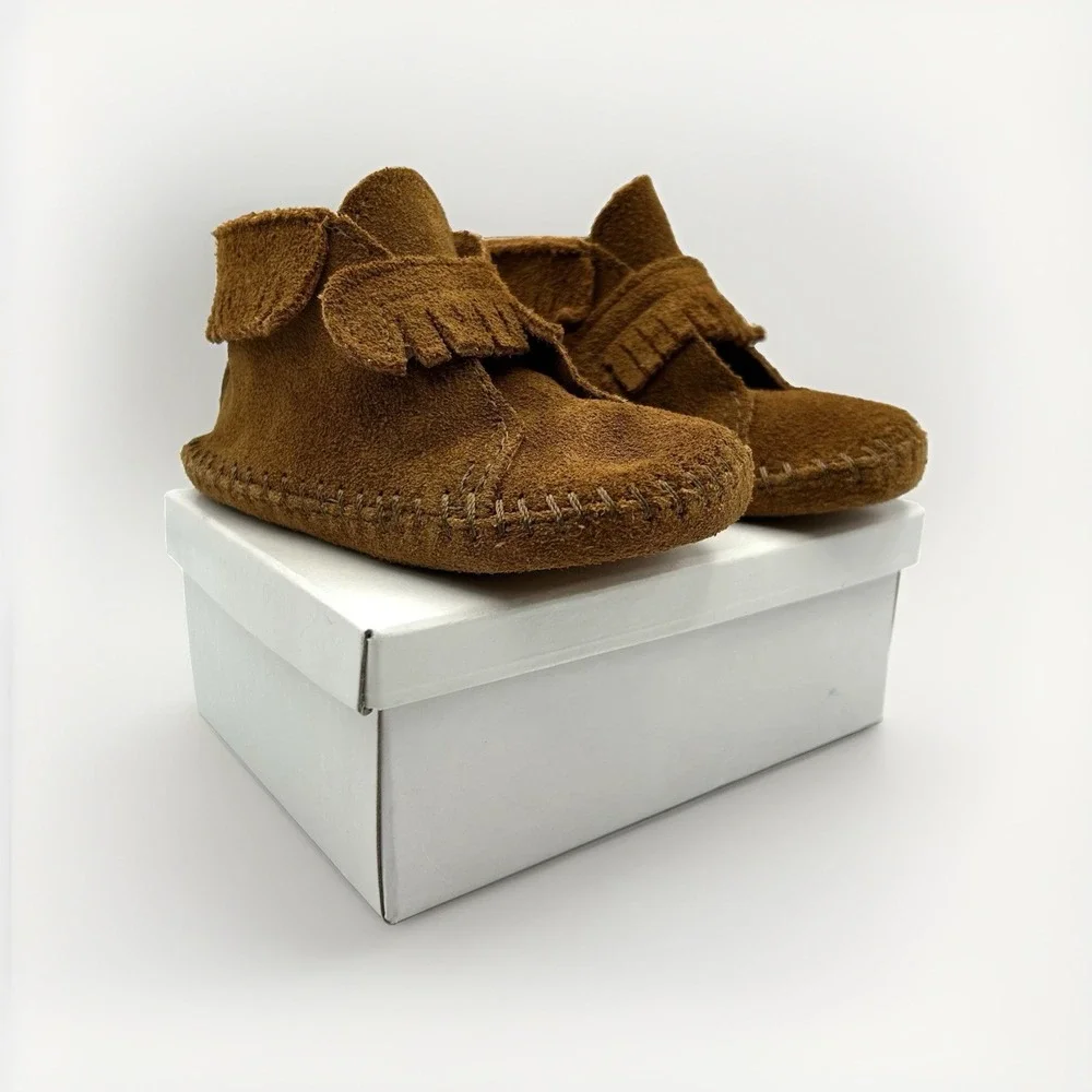 Vtg Minnetonka Brown Suede Moccasin Booties Infant Sz6 PaPooShu Fringe Boho Baby
